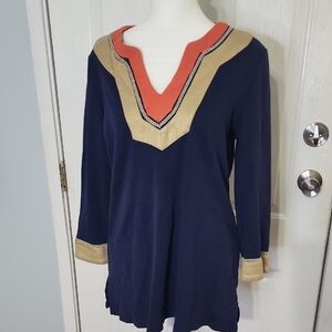 Charter Club Navy Tunic with Gold and Coral Accents